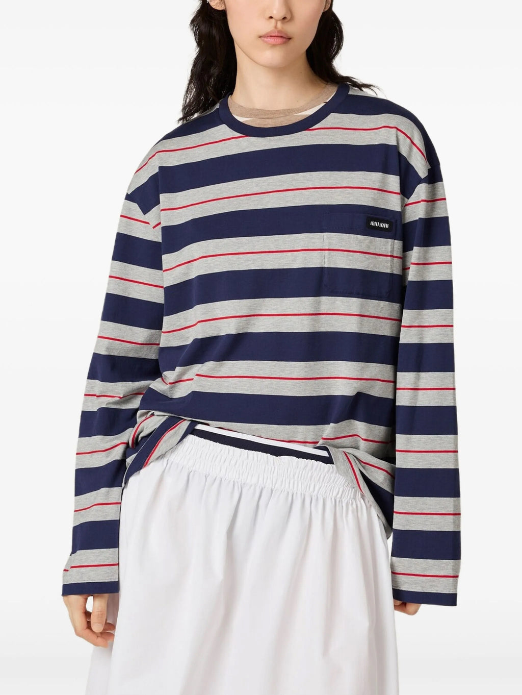 MIU MIU MJL014SOOO14RT,Miu Miu long sleeves T-shirt,Miu Miu long sleeves striped T-shirt,Miu Miu long sleeves navy T-shirt,Mi