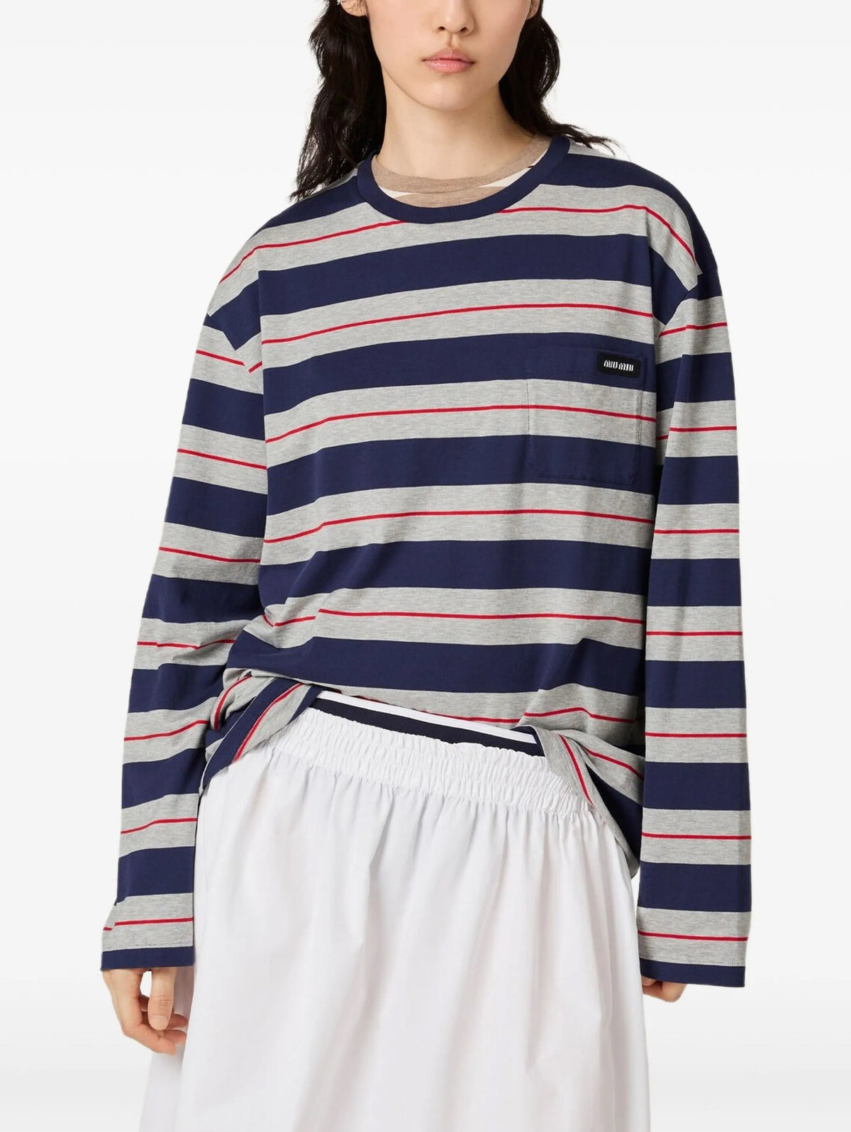 MIU MIU MJL014SOOO14RT,Miu Miu long sleeves T-shirt,Miu Miu long sleeves striped T-shirt,Miu Miu long sleeves navy T-shirt,Mi