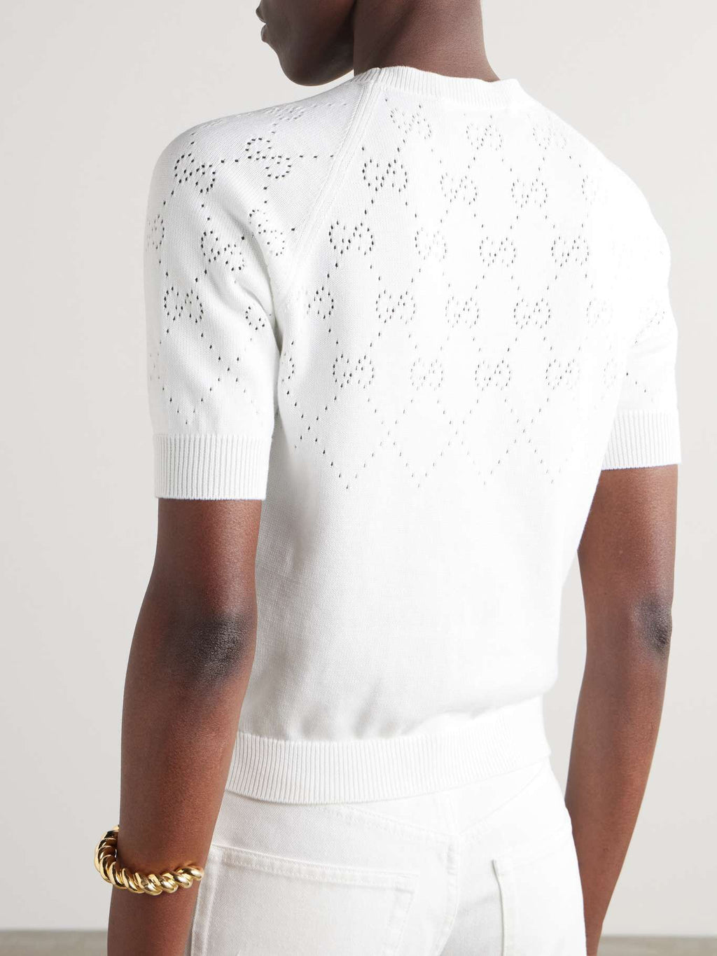 Gucci 820703 XKE06,Gucci pointelle knit cotton sweater,Gucci white monogram sweater,Gucci womens white sweater,Gucci white sw