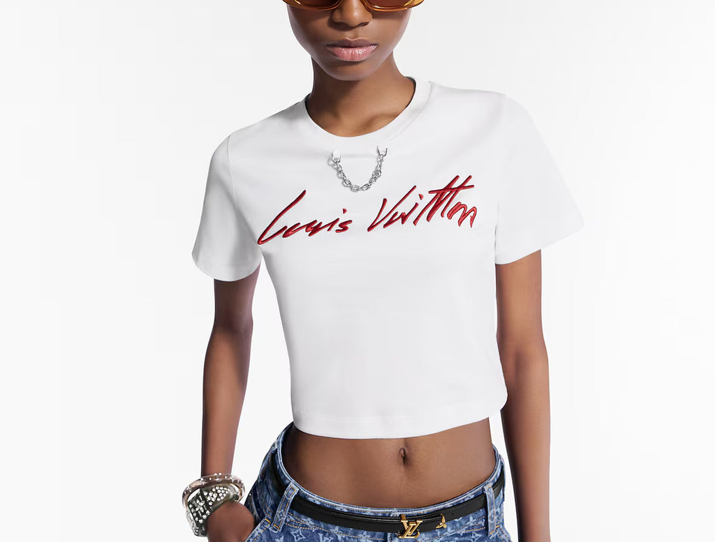 Louis Vuitton 1AHJHR,LV 1AHJHR,Louis Vuitton cursive signature crop top,Louis Vuitton signature t-shirt,LV t-shirt womens,LV