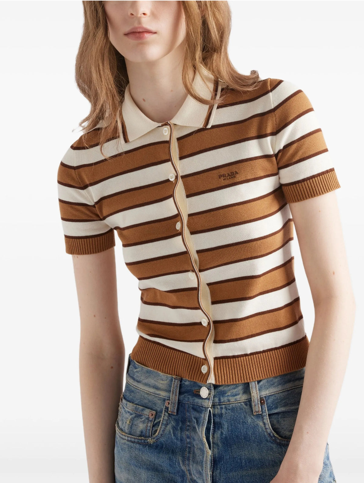 Prada P25N6217KKSOOO,Prada knitted polo top,Prada stripe knitted polo top,Prada brown stripe polo top,Prada brown short sleev