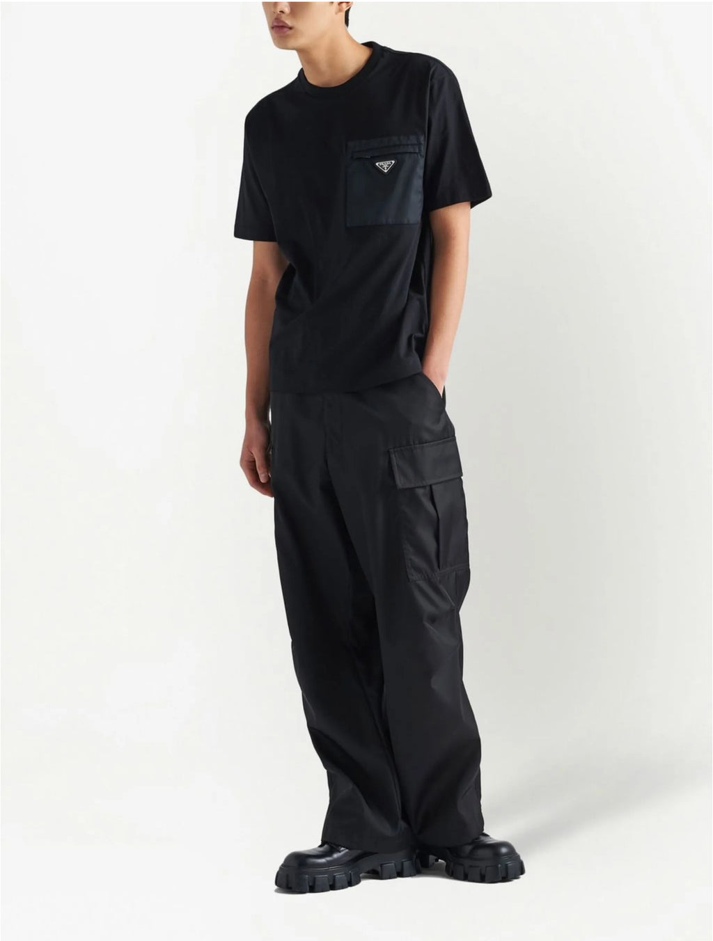 Prada UJN66111CKF0002,Prada re-nylon and jersey T-shirt,Prada re-nylon T-shirt,Prada pocket t-shirt,Prada pocket t-shirt blac