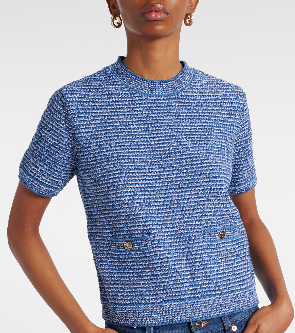 Winniemodo,Winnie modo,Gucci 818647 XKENS,Gucci double G knitted blend top,Gucci knit top,Gucci knit top blue,Gucci top,Gucci