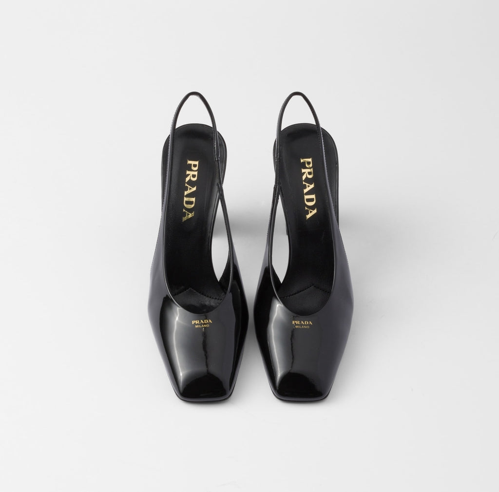 Prada 1I838N,Prada patent leather slingback pumps,Prada slingback pumps,Prada black pumps,Prada chunky heels,Prada black chun