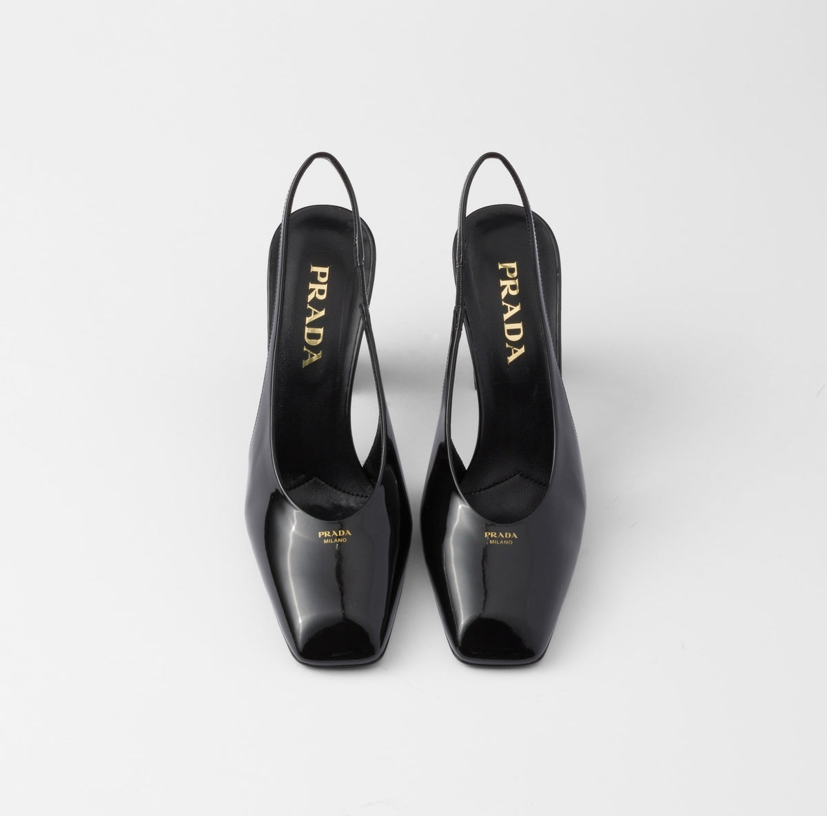 Prada 1I838N,Prada patent leather slingback pumps,Prada slingback pumps,Prada black pumps,Prada chunky heels,Prada black chun