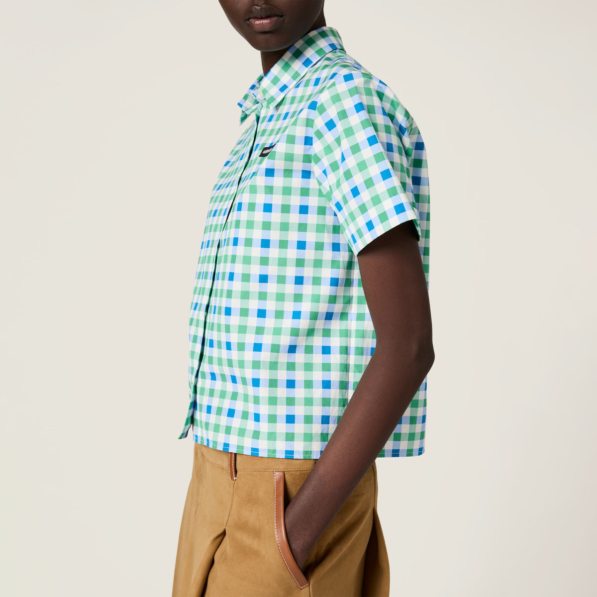 MIU MIU MK1959SOOO17L6, Miu Miu Gingham check poplin shirt,Miu Miu check shirt, Miu Miu green check short sleeve shirt,MIU MI