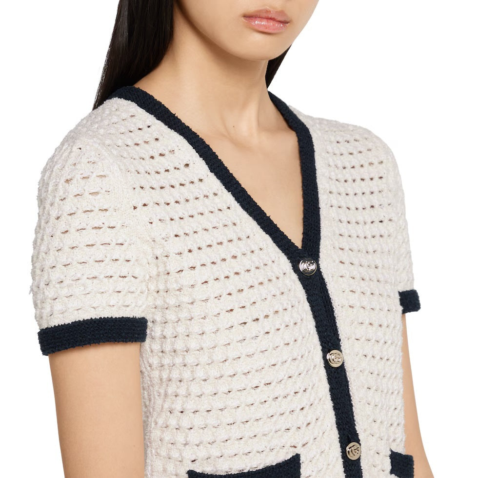 Gucci 824722 XKESV,Gucci cotton crochet cardigan,Gucci short sleeve white cardigans,Gucci short sleeve cardigan,Gucci white c